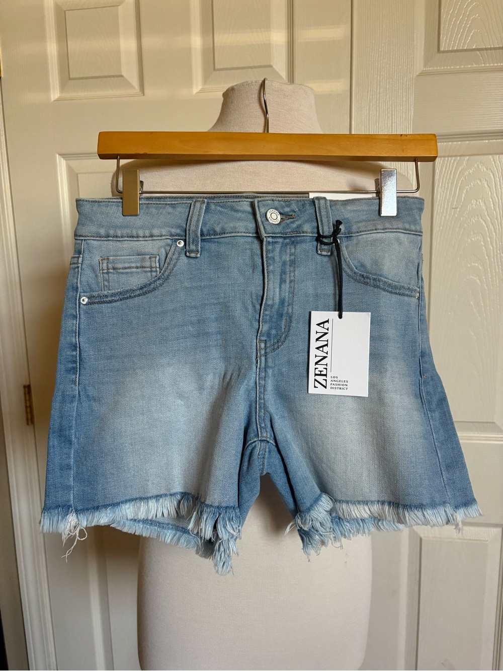 Zenana Outfitters Light Blue Frayed Hem Denim Shorts